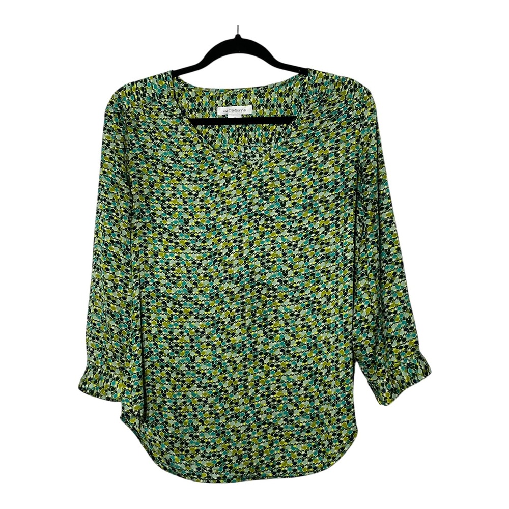 Liz Claiborne Womens Green Geometric Mosaic V-Neck 3/4 Sleeve Blouse Size S - Picture 8 of 8